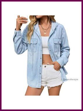 Oversized Denim Snap Button Hooded Shacket Long Sleeve Blouse Top